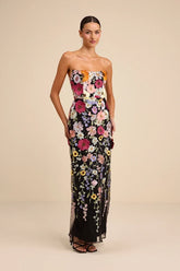 Macario Black Multi 3D Floral Embroidered Strapless Maxi Dress