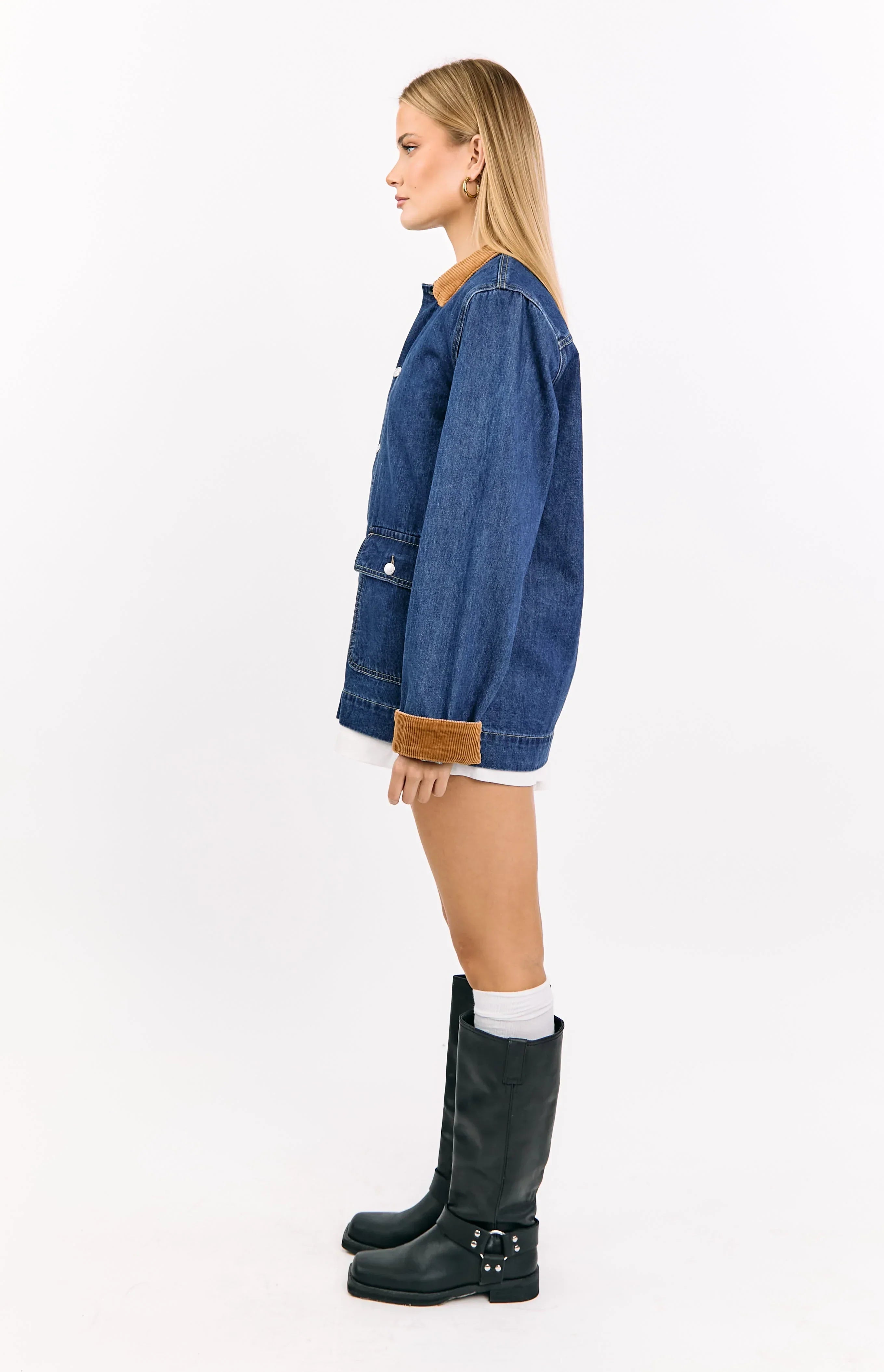 Hendrick Mid Wash Denim Cord Trim Oversized Jacket