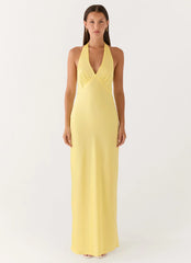 Heavy Hearted Satin Maxi Dress - Lemon