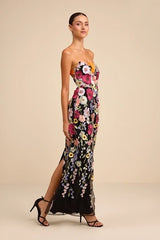 Macario Black Multi 3D Floral Embroidered Strapless Maxi Dress