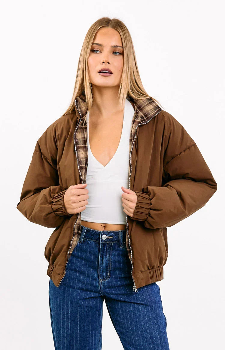 All I Wanted Brown Plaid Puffer Jacket